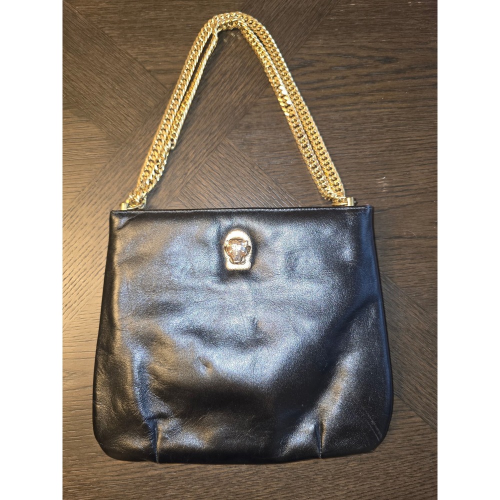 Vintage Ruth Saltz Purse Handbag Cougar Head Black‎ Leather Double Chain Strap